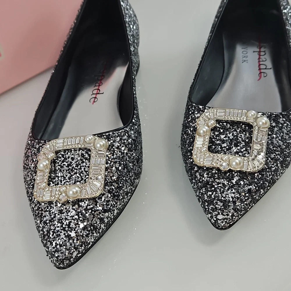 Kate Spade Silver Buckle Up Glitter Flats Size 38.5 - Picture 6 of 15